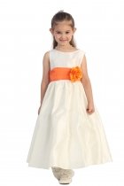 Ivory/Orange Flowers and Sash Flower Girl Dress