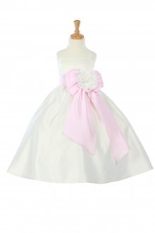 Ivory/Pink Bridal Satin A-line Spaghetti Dress with Sash
