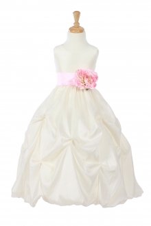 Ivory/Pink Taffeta Pick Up Flower Girl Dress with Sash