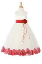Ivory/Red Sleeveless Satin Flower Petal Flower Girl Dress with Sash