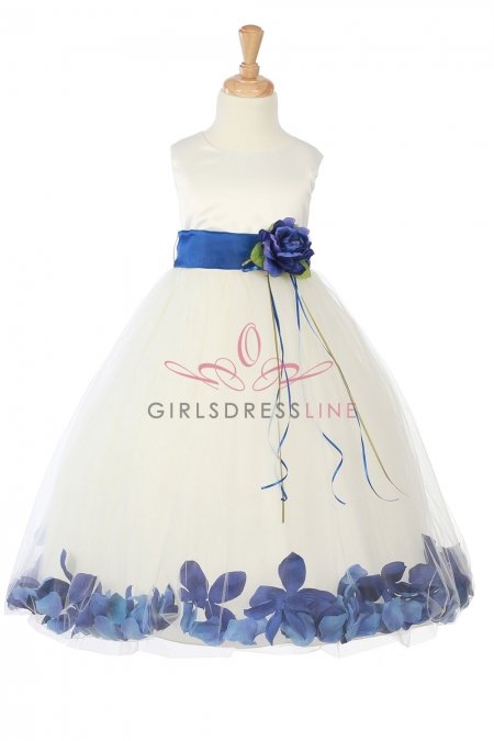 Ivory/Royal Blue Sleeveless Satin Flower Petal Flower Girl Dress with Sash
