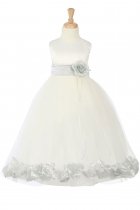 Ivory/Silver Sleeveless Satin Flower Petal Flower Girl Dress with Sash