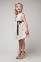 Ivory/Taupe Lace Flower Girl Dress with Sash