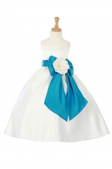 Ivory/Turquoise Bridal Satin A-line Spaghetti Dress with Sash