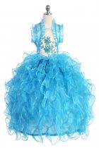 Ivory/Turquoise Taffeta and Organza Ruffle Pageant Dress