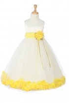 Ivory/Yellow Sleeveless Satin Flower Petal Flower Girl Dress with Sash