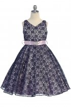 Lilac Lace Floral Pattern Flower Girl Dress with Removable Satin Sash