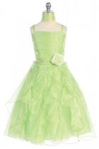 Lime Green Jeweled Bodice Ruffle Layered Organza Flower Girl Dress
