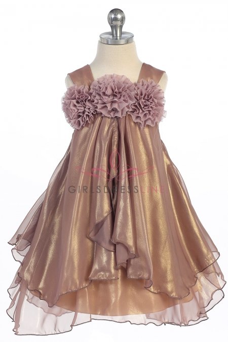 Mauve Beautiful Shiny Chiffon Dress With Three Chiffon Flower Trim