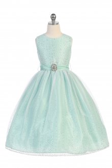Mint Classic Glitter Tulle Overlaid Flower Girl Dress Mint Classic Glitter Tulle Overlaid Flower Girl Dress