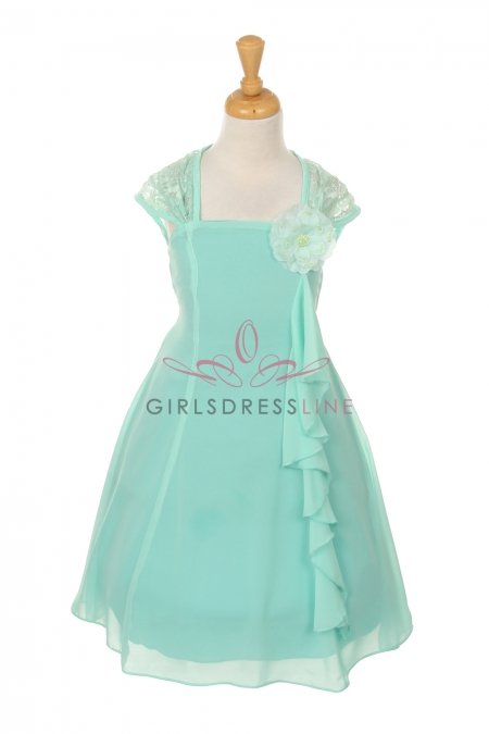 Mint Lace Ruffled Chiffon Dress with Eyelid Lace Back Flower Girl Dress