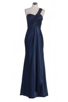 Navy Bridal Satin One Shoulder Pleated Wrapped Elegant Long Bridesmaid & Prom Dress