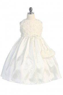 Off White Rosebud Accented Taffeta Flower Girl Dress with Matching Bag Off White Rosebud Accented Taffeta Flower Girl Dress with Matching Bag
