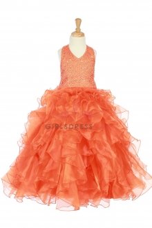 Orange Cascade Ruffled Beaded Lace Pageant Party Dress