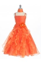 Orange Jeweled Bodice Ruffle Layered Organza Flower Girl Dress