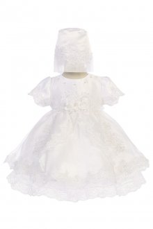 Pearl & Sequin Accented Lace Overlaid Satin Christening & Baptism Gown