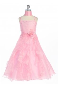 Pink Jeweled Bodice Ruffle Layered Organza Flower Girl Dress