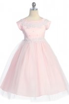 Pink Satin Bodice Flower Girl Dress with Sleeves