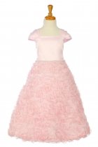 Pink Satin Bodice Rosette Skirt Cap Sleeve Flower Girl Dress