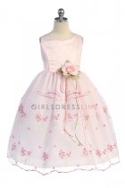 Pink Satin Sleeveless Adorable Embroidery Flower Girl Dress