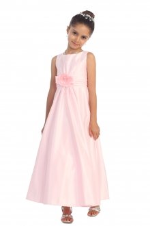 Pink Satin Sleeveless A-line Foor Length Flower Girl Dress