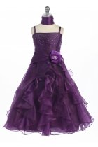 Plum Jeweled Bodice Ruffle Layered Organza Flower Girl Dress