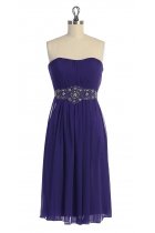 Purple Chiffon Strapless Dazzing Bead work on Waistband Pleated T-Length Bridesmaid & Prom Gown