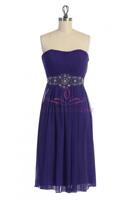 Purple Chiffon Strapless Dazzing Bead work on Waistband Pleated T-Length Bridesmaid & Prom Gown