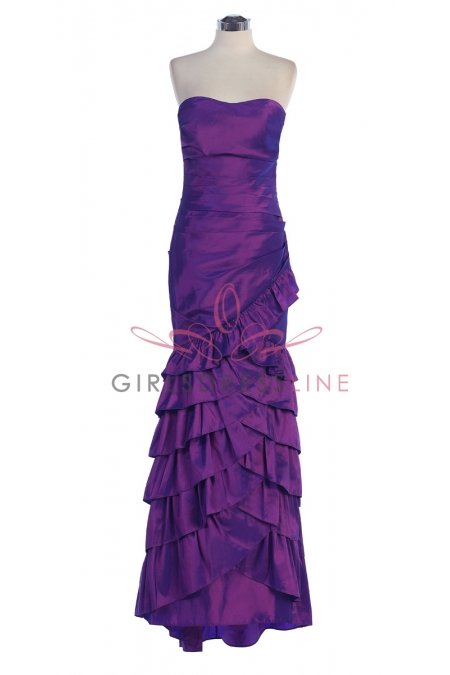 Purple Taffeta Strapless Sweetheart Ruffles Details Layered Metrmaid Bridesmaid Dress