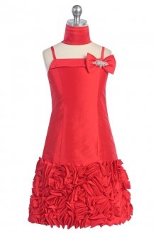 Red A-line Flower Girl Dress with Floral Pattern