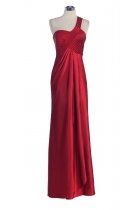 Red Bridal Satin One Shoulder Pleated Wrapped Elegant Long Bridesmaid & Prom Dress