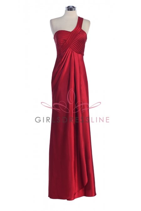 Red Bridal Satin One Shoulder Pleated Wrapped Elegant Long Bridesmaid & Prom Dress