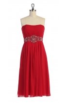 Red Chiffon Strapless Dazzing Bead work on Waistband Pleated T-Length Bridesmaid & Prom Gown