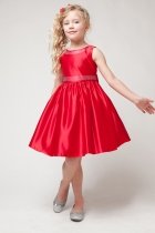 Red Poly-satin Flower Girl Dress with Rhinestone Beading