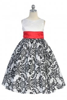 Red Sashed Velvet Flocked Floral Printed Taffeta Flower Girl Dress Red Sashed Velvet Flocked Floral Printed Taffeta Flower Girl Dress