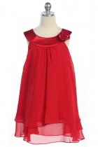 Red Satin bib necklin & chiffon A-line flower girl dress