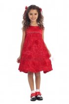 Red Satin Sleeveless Empirewaist A-line Short Girl Dress with Rosebud Texture