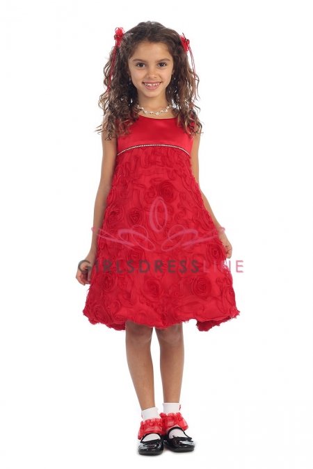 Red Satin Sleeveless Empirewaist A-line Short Girl Dress with Rosebud Texture