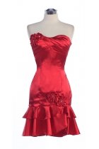 Red Satin Strapless Sweetheart Spinning gathered Fitted Floral Accented Bridesmaid Dress