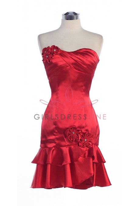 Red Satin Strapless Sweetheart Spinning gathered Fitted Floral Accented Bridesmaid Dress