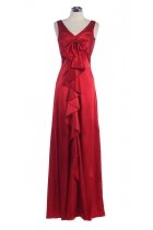 Red Shiny Bridal Satin V-neck Bows & Ruffle Detail A-line Long Brides Dress