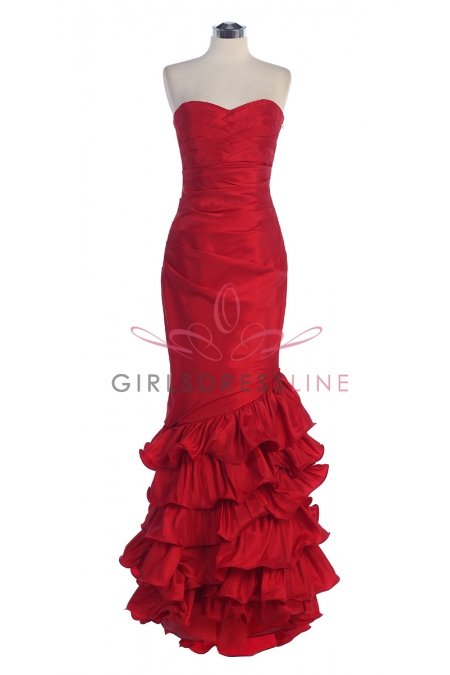 Red Taffeta Strapless Sweetheart Pleats Detail on Hem Mermaid Long Bredes Dress Red Taffeta Strapless Sweetheart Pleats Detail on Hem Mermaid Long Bredes Dress