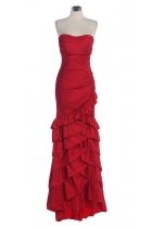Red Taffeta Strapless Sweetheart Ruffles Details Layered Metrmaid Bridesmaid Dress