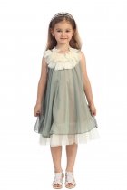 Sage Chiffon Short Flower Girl Dress with ruffled flower neckline