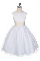 Satin Bodice Organza Skirt Flower Girl Dress with Champagne Sash