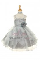 Silver Asymmetric Layered Ruffle Flower Girl Dress