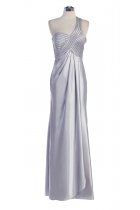 Silver Bridal Satin One Shoulder Pleated Wrapped Elegant Long Bridesmaid & Prom Dress
