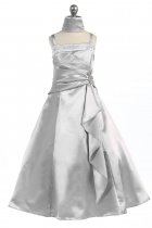 Silver Brilliant Satin Rufflel Detail A-line Flower Girl Dress with Sparkles
