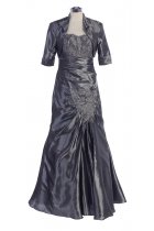 Silver Embroidered Taffeta Strapless Gathered A-line Dress with Bolero