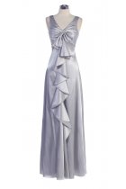 Silver Shiny Bridal Satin V-neck Bows & Ruffle Detail A-line Long Brides Dress